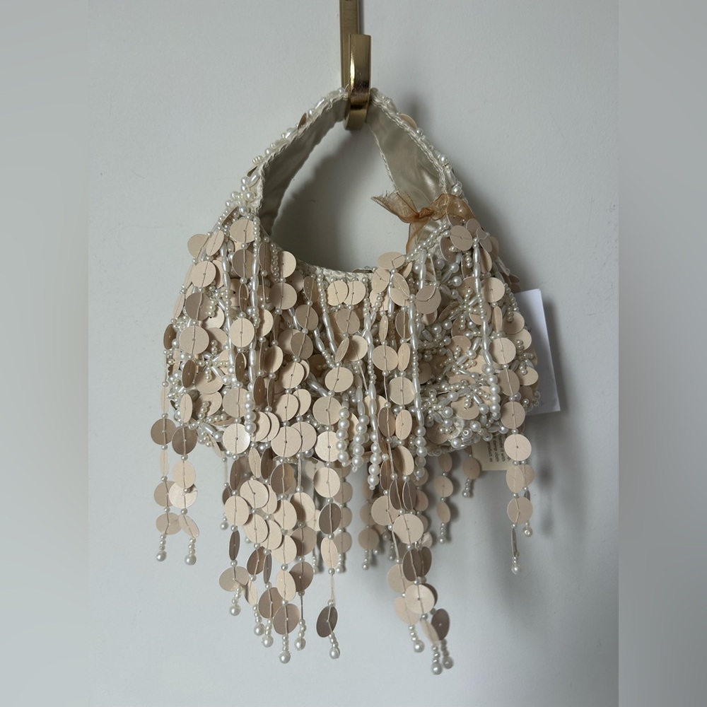 Viral cream beaded fringe bag